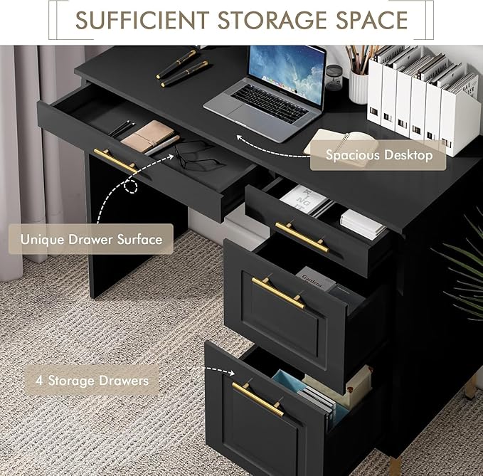 4 EVER WINNER Black Desk with Drawers Modern Home Office Desks with Golden Handles and Drawers Computer Table for Small Spaces Black and Gold Desk