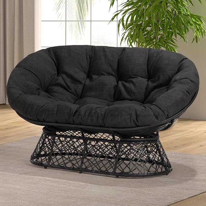 Bme 61 Black - Black Frame Capacity 600lbs Double Papasan Ergonomic Wicker Papasan Chair with Soft Thick Density Fabric Cushion High Capacity Steel Frame for Living Bedroom