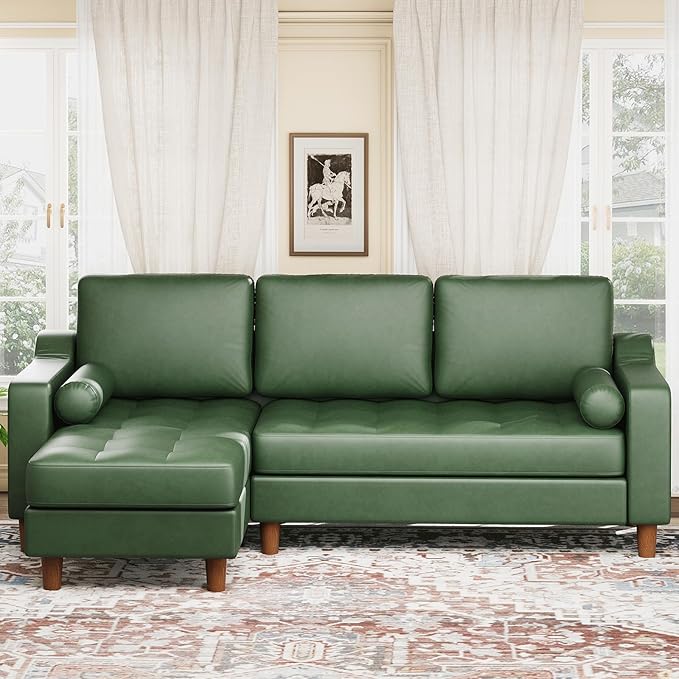 GarveeHome 88.9 L-Shape Sofa&ampCouch with Convertible Chaise Sectional Sofa with Deep Seat Modern Mid-Century Sofa for Living Room 3 Seat Comfy Leather Couch Green