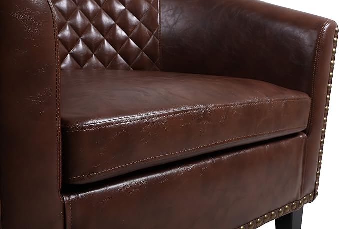 Accent Barrel Chair Living Room Chair with Nailheads and Solid Wood Legs Brown pu Leather