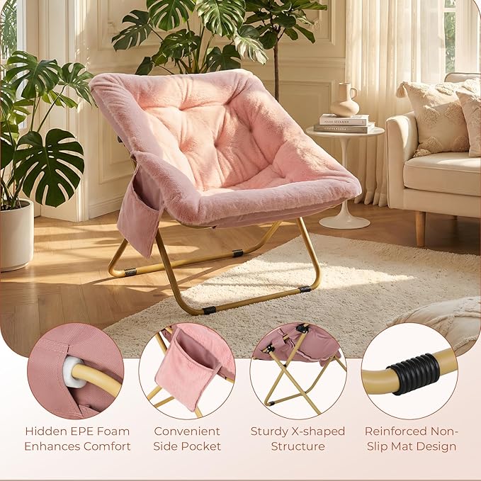 TLSUNNY Comfy Saucer Chair Oversized Foldable Lounge Lazy Chair Soft Faux Fur Reading Chair for Teens Adults Stable Metal Frame Moon Chair for Living Room Bedroom Dorms Office X-Large (Pink)