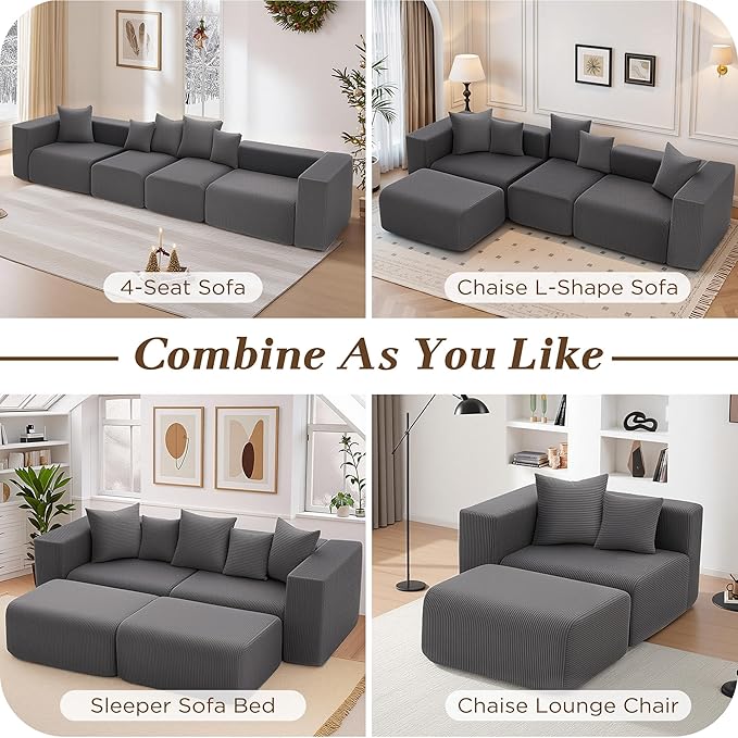 117” Boneless Cloud CouchSectional Modern 4 Seater L-Shaped Sleeper Sofa CouchesNo Assembly Modular Corduroy Convertible Sponge Compression Sofas with Chaise and Ottoman for Living Room(Grey)