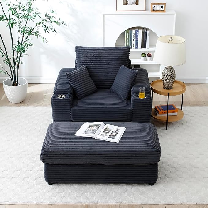 43.3 W Corduroy Chaise Lounge Chair with with Cup Holders &amp Storage Ottoman Comfy Sleeper Chair with 2 Pillow Extra Wide Armrests Modern Deep Seat Reading Armchair for Living Room (Gray)