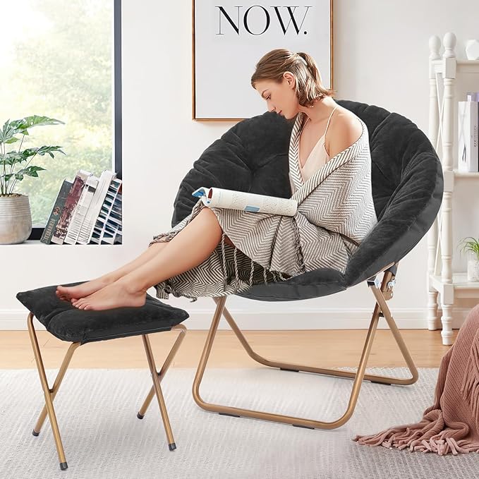 Foldable Oversized Moon Chair with Footrest Large Faux Fur Round Saucer Moon Chair with Folding Footrest Stool for Teens and Adults
