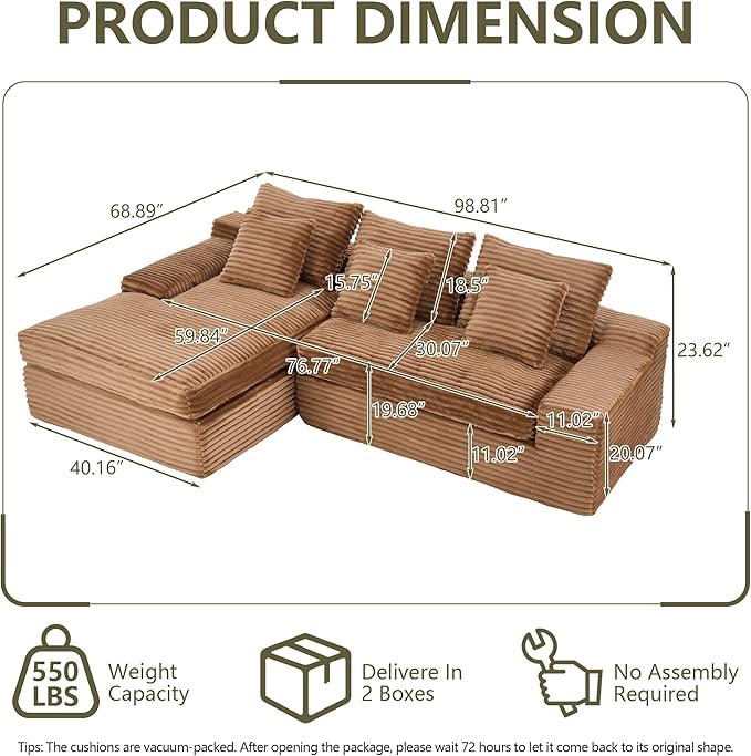 98.8 Cloud L Shaped Sectional Couch with Deep Seat Modern Boneless Compressed Sofa with Chaise 4 Seat Corduroy Couches for Living Room Bedroom No Assembly Required (Brown)