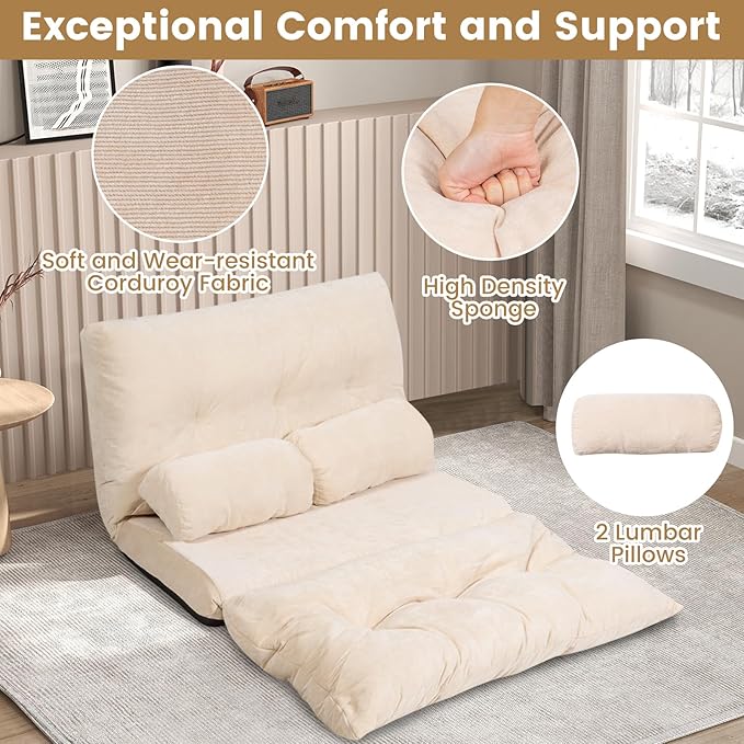 KOMFOTT Foldable Floor Lazy Sofa with 2 Pillows 6-Position Adjustable Reclining Sofa Sleeper Bed Convertible Futon Couch Bed Floor Couch Lounge for Relaxing Reading Playing Gaming (Beige)