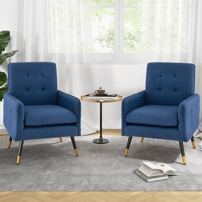 GOFLAME Modern Accent Chair Set of 2 Upholstered Leisure Armchair with Metal Legs Removable Seat Cushion Adjustable Foot Pads Linen Fabric Single Sofa Chair for Living Room Bedroom Office Blue