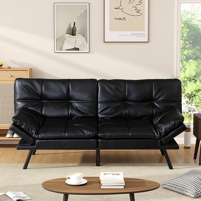 Opoiar Leather Futon Sofa Bed Convertible Memory Foam Foldable Couch Modern Sleeper Loveseat with Adjustable Armrests&ampBackrests for Small Spaces Office Studio Apartment Dorm Game Room