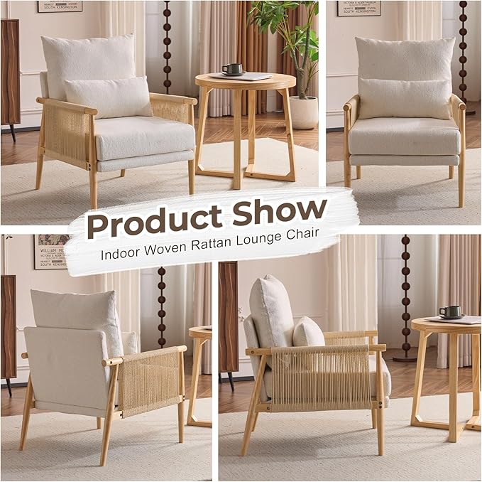 Karl home Cozy Chenille Accent Chair with Lumbar Pillow &amp Rattan Arms Modern Lounge Chair for Living Room Bedroom Reading Nook Beige