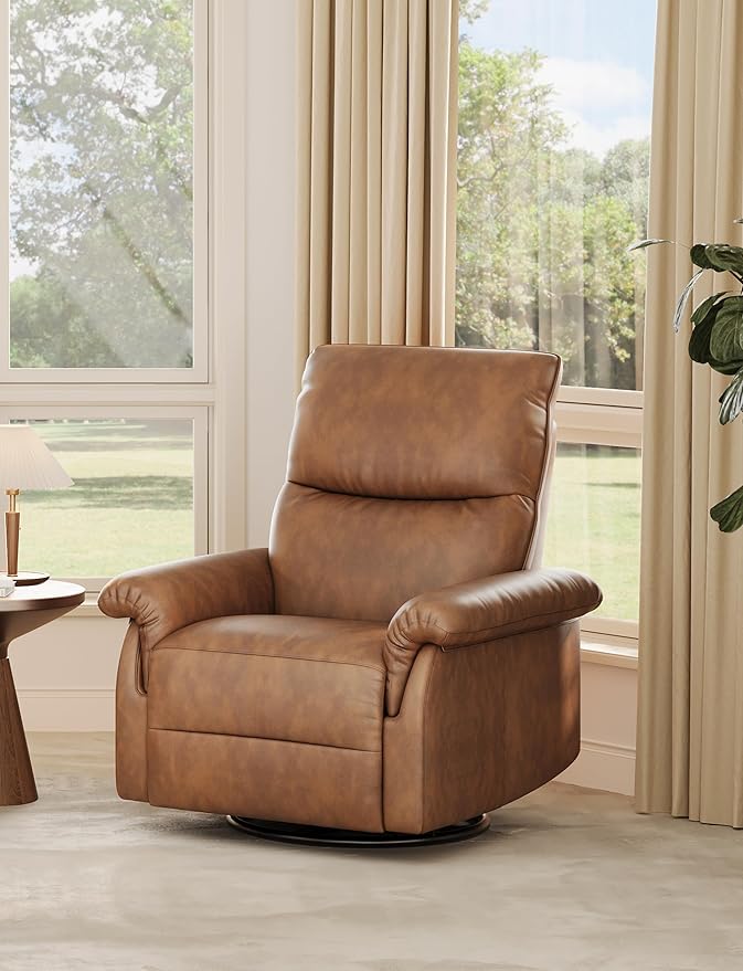 GAOMON Manual Recliner Chair 360° Swivel Rocker Glider Recliner with Padded Armrests Modern PU Leather Upholstered Reclining Chair for Living Room Bedroom and Nursery (Orange)