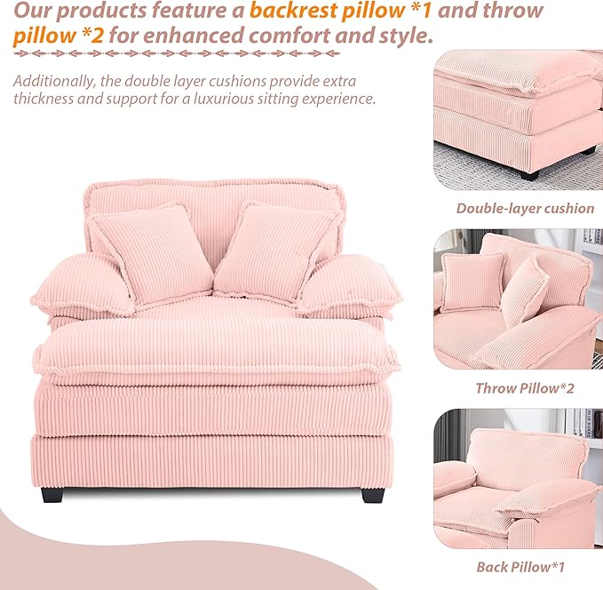 TTK Oversized Chaise Lounge Chair with Ottoman - 39.17 Wide Modern Sleeper Sofa for Living Room Bedroom &amp Office - Deep Seat Sectional Couch with Pillow Comfortable Reading ChairWhite