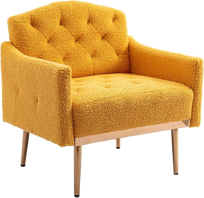 Modern Teddy Fabric Accent ChairUpholstered Button-Tufted Single SofaComfy Armchair Chair with Rose Golden Legsfor Living Room Bedroom Home Office (Mustard)