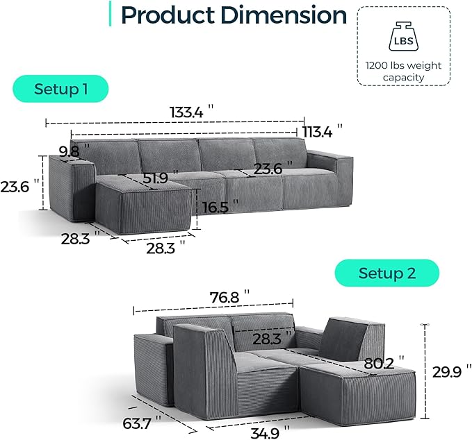 LINSY HOME Modular Sectional Sofa 134 Boneless Couch L Shaped 4-Seat Sofa with Movable Ottoman Corduroy Sectional Cloud Couches for Living Room No Assembly Required Bluish Grey