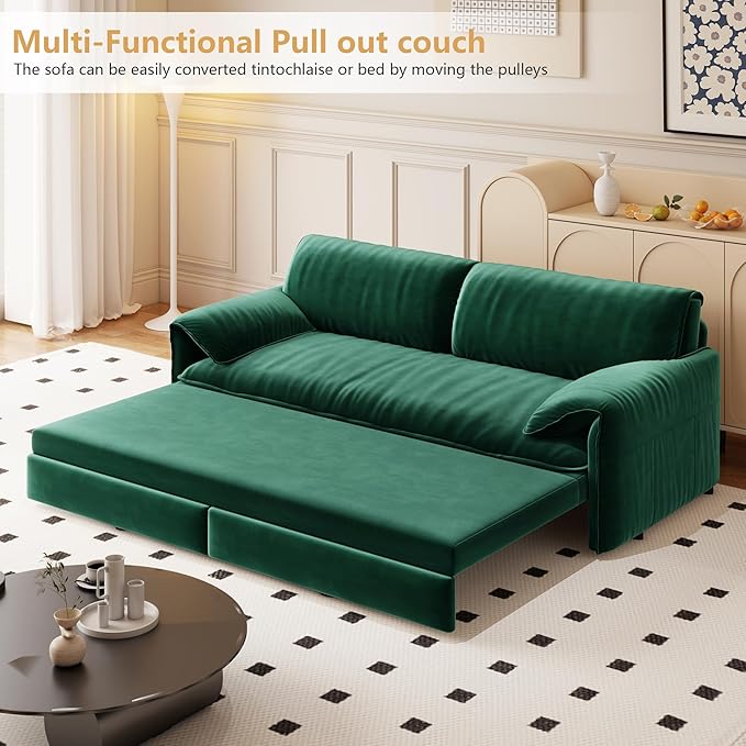 GNIXUU 66 Queen Pull Out Sofa Bed Velvet Convertible Sleeper Sofa Couch with Side Storage Comfy Cloud Futon Bed Pull Out Couch for Living Room Apartment Small Space(Green)