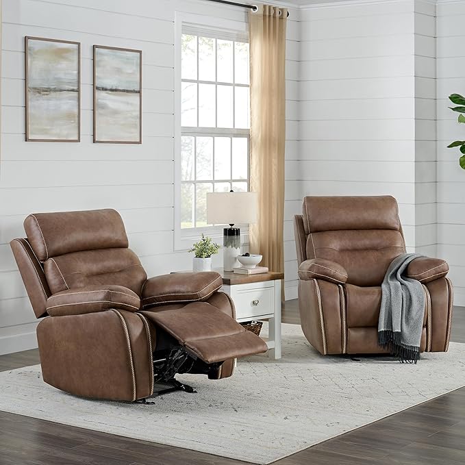 Leather Recliner Chair Manual Sofa Rocker for Adults with Overstuffed Arm for Living Room Bedroom Home Theater Seating