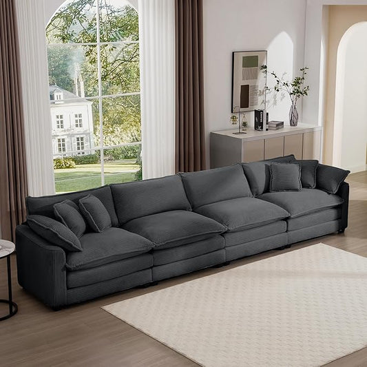 Oversized Modular Sectional Sofa 149.5'' Modern Corduroy Comfy Cloud Couches for Living Room Apartment Deep Seat 4-Seater Sofa with 2 Armrest Pillows and 4 Toss Pillows Grey