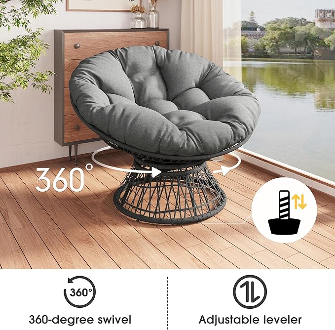 Oversized Papasan Chair with Adujusble Base Boho Reading Nook Chair with Thick Cushion for Adults Bedroom Living Room 360 Swivel (Grey 41.5)
