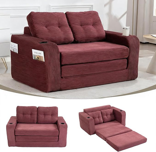 54 Convertible Sofa Bed 2-in-1 Boneless Folding Couch Bed with Cup Holder &amp Pocket Corduroy Fold Out Floor Couch with Pillows for Living Room Bedroom Small Spaces (Wine Red)