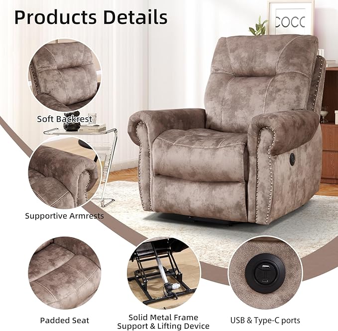 CANMOV Power Lift Recliner Chair with Massage and Heat Soft Fabric Massage Recliner for Elderly Overstuffed Single Reclining Sofa Vintage Rivet Mid-Century Design for Living Room Brown