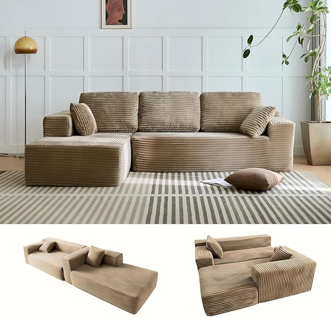 L-Shape Couch Modular Sectional Sofa Couches 3 Seat Modular Sofa Memory Foam Sectional Couches for Living Room Cloud Couch with Oversized Chaise (Camel Left Facing Chaise)