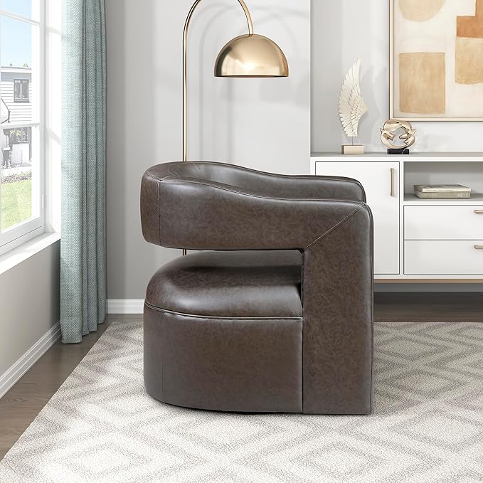 Lexicon 360 Degree Swivel Accent Chair Upholstered Modern Faux Leather Swivel Barrel Chair Attached Cushion Comfy Round Open Back for Living Room/Bedroom/Office/Apartment Assembled Dark Coffee