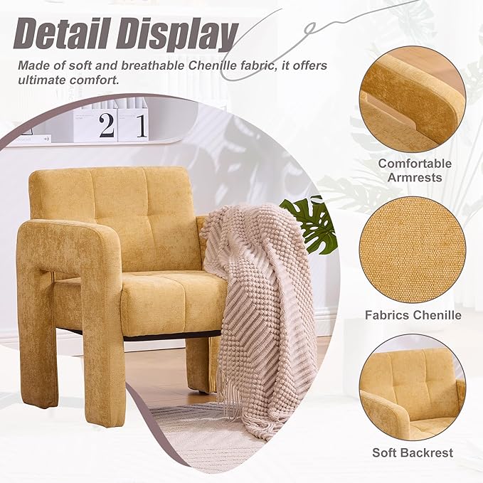 Classic Chenille Conversation ChairModern Minimalist ArmchairElegant Comfortable Accent Chair for Living RoomBedroomStudyOfficeMustard Yellow