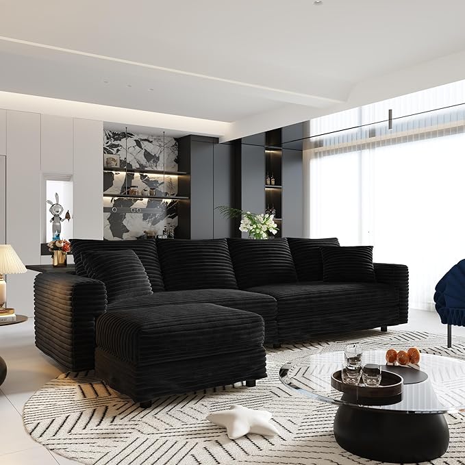 102.4'' Oversized Corduroy Couch Modular Sectional Sofa with Ottoman Upholstered 4 Deep Seat L Shape Sofa Convertible Cloud Couches with Chaise Lounge for Living Room Apartment Black
