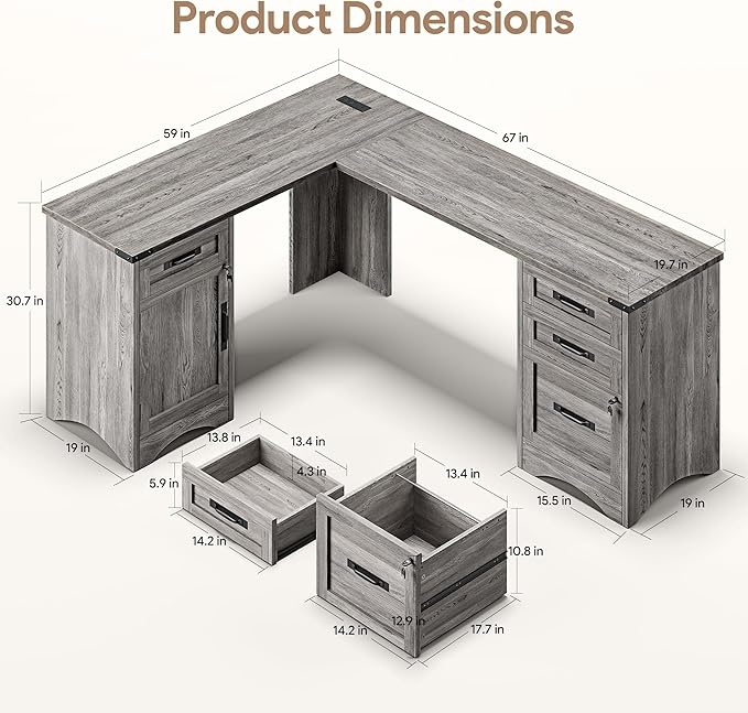 L Shaped Farmhouse Executive Desk with Drawers 67 Home Office Desks with Fast Charging Station Lockable File Cabinet Wood Writing Computer Desk for Work Study Grey