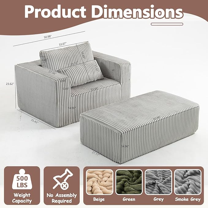 51” Oversized Boneless Chair with Ottoman Big Comfy Accent Chairs with Ottoman for Living Room Cloud Chaise Lounge Chair Indoor Plush Pillows|Corduroy (Light Grey)
