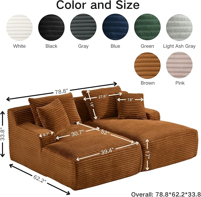 79 Double Chaise Lounge Chair Indoor: Oversized Comfy Corduroy Upholstered Boneless Couch with 4 Pillows for Living Room Bedroom and Apartment Deep Seat Sleeper Sofa 2-Seat Brown