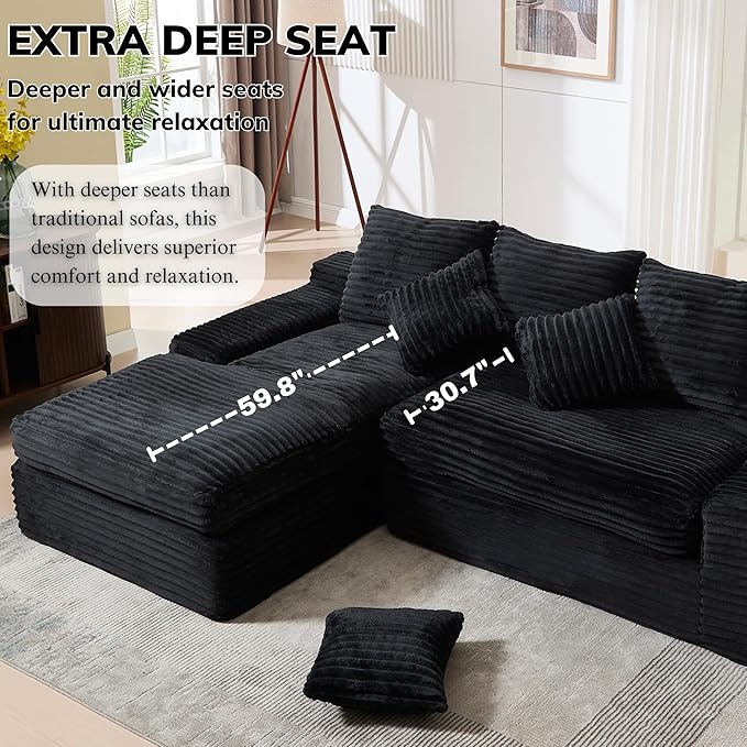 99 Cloud Modular Sectional CouchL-Shape Sofa Couch with Deep SeatModern Boneless Compressed Sofa with Chaise3 Seater Corduroy Couches for Living Room Bedroom No Assembly Required (Black)