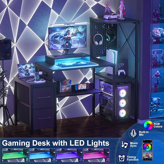Small Gaming Desk with 2 Fabric Drawers - Reversible Computer Desk with Power Outlet &amp LED Lights 49 Office Desk with Monitor Stand &amp Storage Shelves Writing Study Table with Pegboard Blac