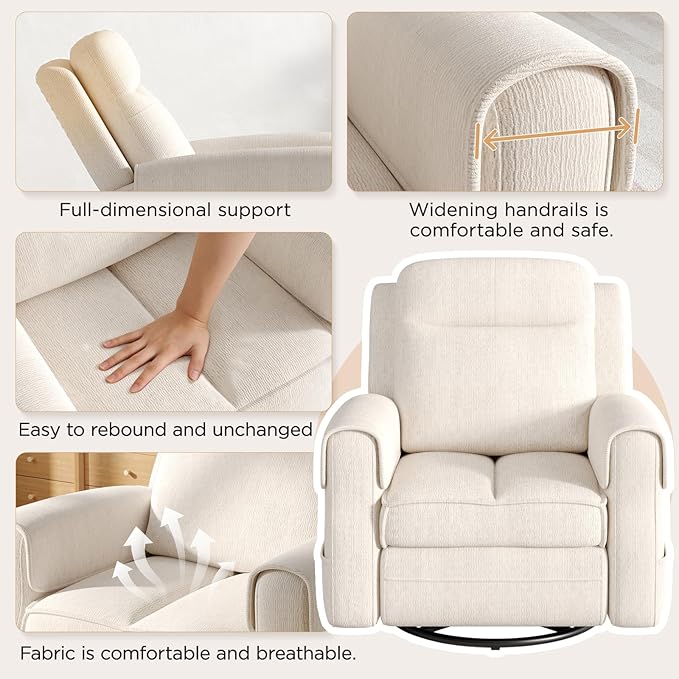 Maupvit Faux Shearling Recliner Chair - 360° Swivel Rocker with Adjustable Footrest and Backrest Plush Upholstered Single Sofa for Small Spaces for Living Room/Nursery/Home Theater (Cream White)