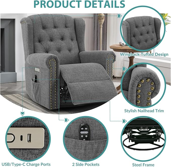 MEETWARM Power Swivel Rocking Glider Recliner Chair Electric Rocker Nursery Reclining Chair with Heat and Vibration Wingback Tufted Upholstered Recliner for Living Room Type-C and USB Ports (Grey)