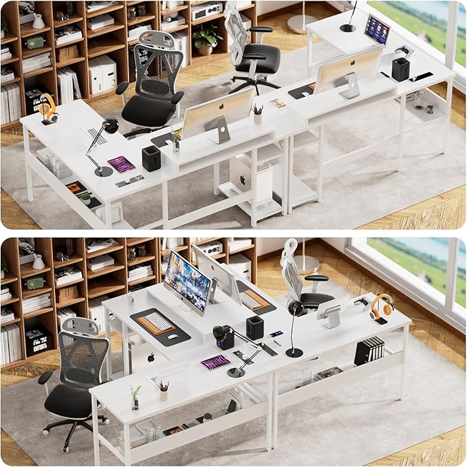 Unikito Reversible L Shaped Computer Desk with Power Outlets and Monitor Stand Sturdy Corner Desk with RGB LED Light and Storage Shelves Modern Work Desk for Home Office Easy to Assemble White