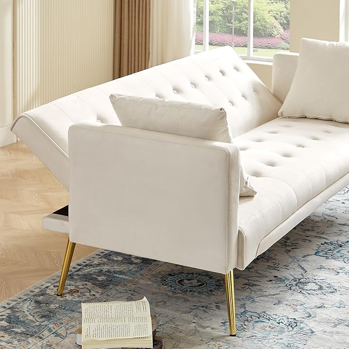 Anwick Modern Velvet Futon Sofa Bed: 72 Satin Convertible 2 Pillows Tufted Back Golden Metal Legs Folding Sleeper Loveseat for Small Space Home Office Living Room (Beige)