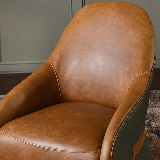 Two-Tone Leather Swivel Barrel Chair Accent Chair with Solid Wood Frame No Assembly for Living Room or Office (Brown)