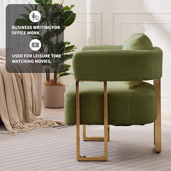 YISHENG Modern Barrel Accent Chairs Set of 2 Living Room Side Chairs with Golden Metal Legs Soft Teddy Upholstered Reading Armchairs no Wheels for Vanity/Reception Room//Bedroom/Lounge/Office Green