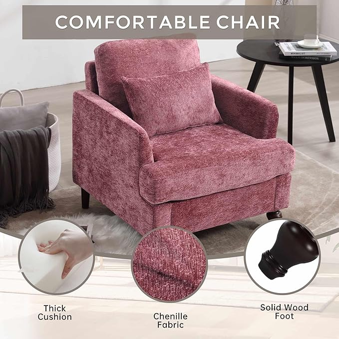 Wood Frame Armchair Modern Accent Chair Lounge Chair for Living RoomTufted Club Chair Mid Century Modern Arm Chairs with Studded Solid Wood Frame for Bedroom Reading(Wine red Chenille)