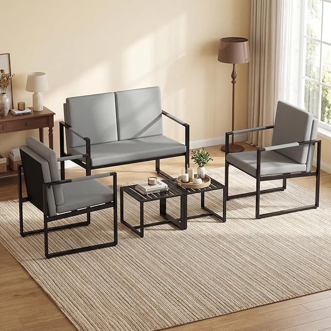 KOMFOTT Metal Frame Accent Chair Set of 2 Faux Leather Modern Industrial Single Sofa Chairs with Upholstered Cushions Armrests Comfy Armchair for Living Room Home Office Reception (Grey)
