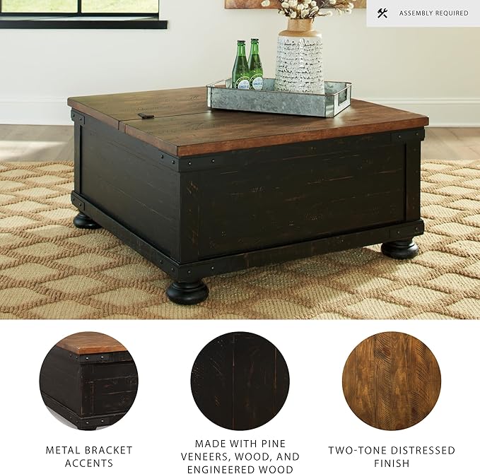 Signature Design by Ashley Valebeck Lift Top Coffee Table Storage Split-top Design Wood 36 W x 36 D x 18 H 2-tone Distressed Brown &amp Black Finish