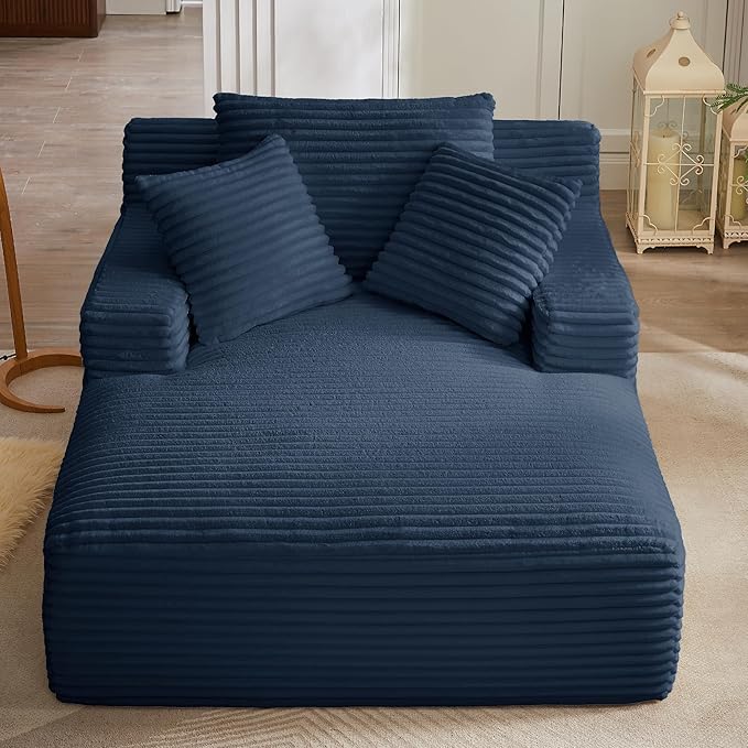 67 Oversized Chaise Lounge Chair Indoor Corduroy Boneless Chaise Lounge Sofa Chair with Pillows &amp Wide Armrest Deep Seat Fluffy Reading Chairs Small Cloud Couches for Living Room Blue