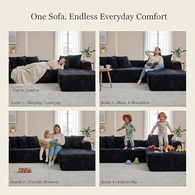 Boneless Sectional Couch L Shaped-108 Inch Black Sherpa Cloud Sectional Sofa for Living Room Modern Couch with Chaise-Deep Seat Floor Couch in a Box-No Assembly | No Assembly Needed 28.7 Deep Seat