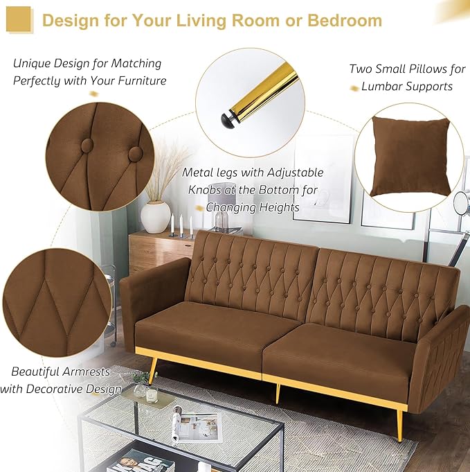 70” Velvet Futon Sofa Bed with 2 Pillows and Adjustable Armrests Convertible Sleeper Bed W/Adjustable Backrests Modern Loveseat for Living Room Bedroom Brown