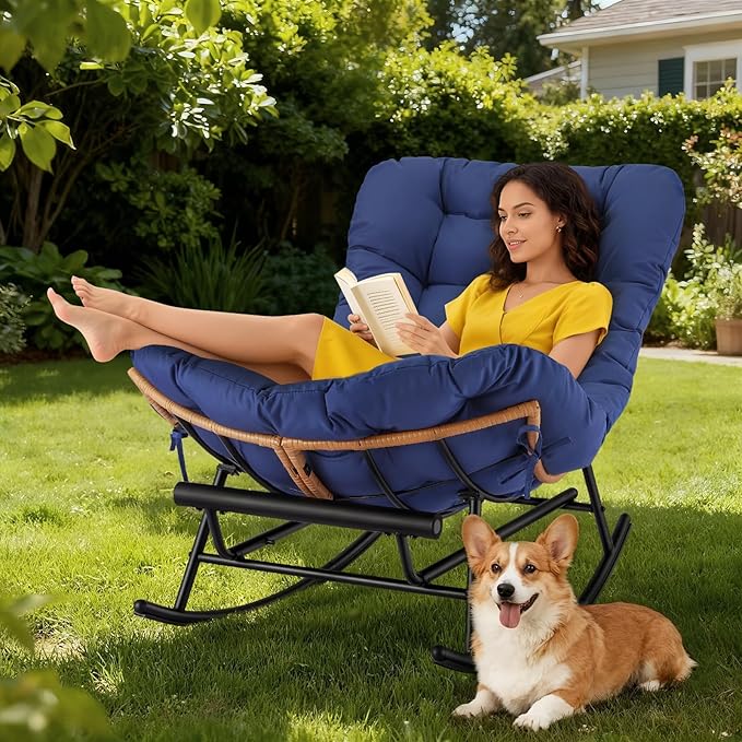GAOMON Papasan Rocking Chair with Foot Rest Papasan Chair with Thick Removable Cushion and Metal Frame Lounge Chairs and PE Rattan Rocker for Patio Garden Lawn Living Room and Relaxation Space