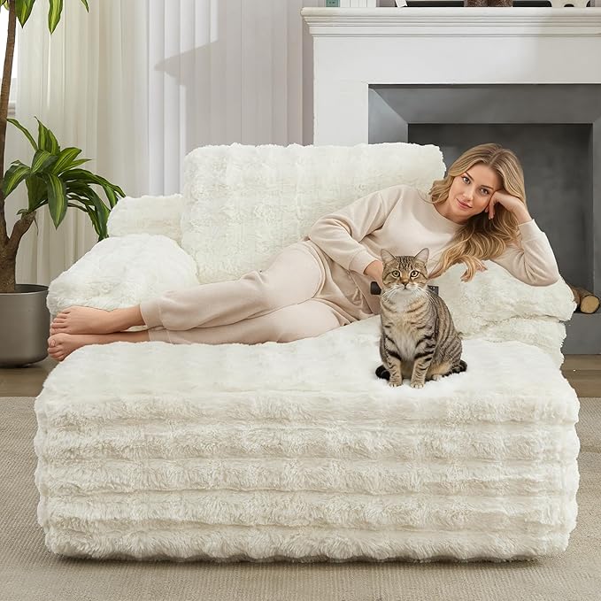 Oversized Lounge Chair Plush Faux Fur Comfy Reading Chair Boneless Chaise Sofa Recliner Bed Sleeper Couch with Wide Pillow Armrest for Living Room Bedroom (White)