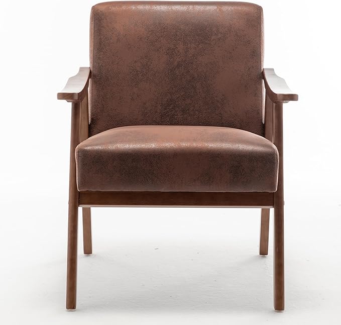 Mid Century Modern Accent ChairComfy Fabric Reading Chair with Retro Solid Wood Frame &amp High Back Upholstered Lounge Arm Side Chair for Living Room Bedroom Balcony (Coffee Imitation Leather)