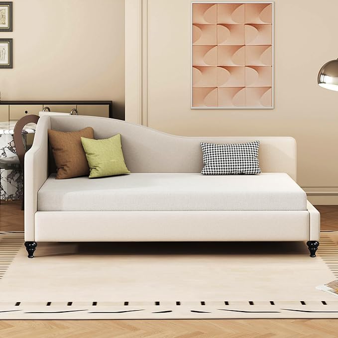 Merax Twin Size daybed L-Shaped Linen Daybed Corner Sofa with Solid Wood Legs for Living Room &amp Guest Room No Box Spring Needed Beige