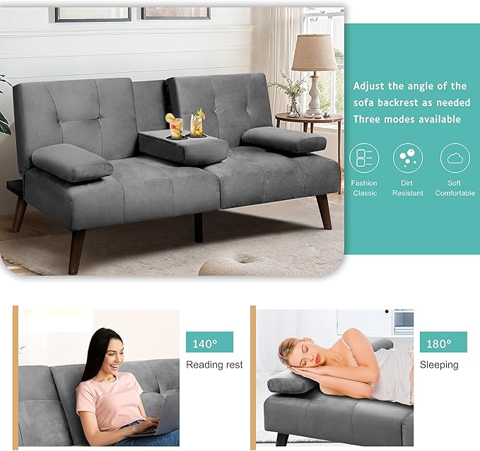 Meilocar Futon Sofa Bed Convertible Sofa Bed with Removable Armrests Adjustable Recliner for Small Space 2 Cup Holders 3 Angles Light Grey