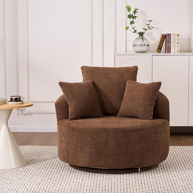 40” Brown Round Swivel Chair with 3 Pillows &amp Thick Cushion Oversized 360° Swivel Accent Chair Modern Boucle Armchair for Nursery Living Room Bedroom Club